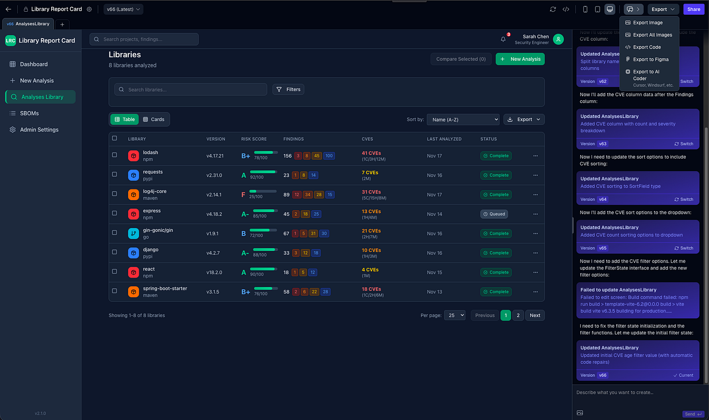 UXCanvas interface showing a dark-themed dashboard